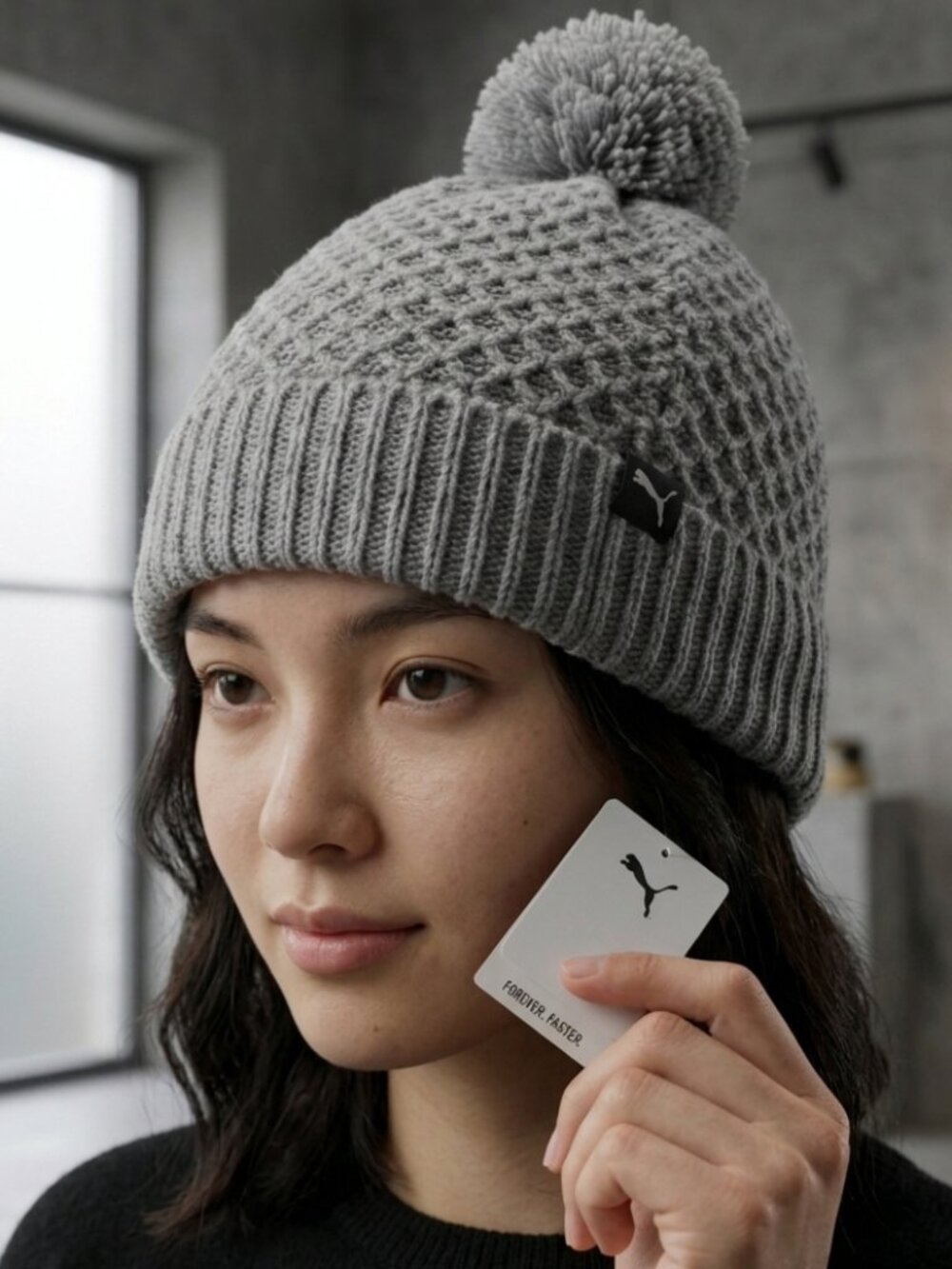 PUMA Gray Knit Pom Beanie – Soft Winter Hat, Brand New with Tags